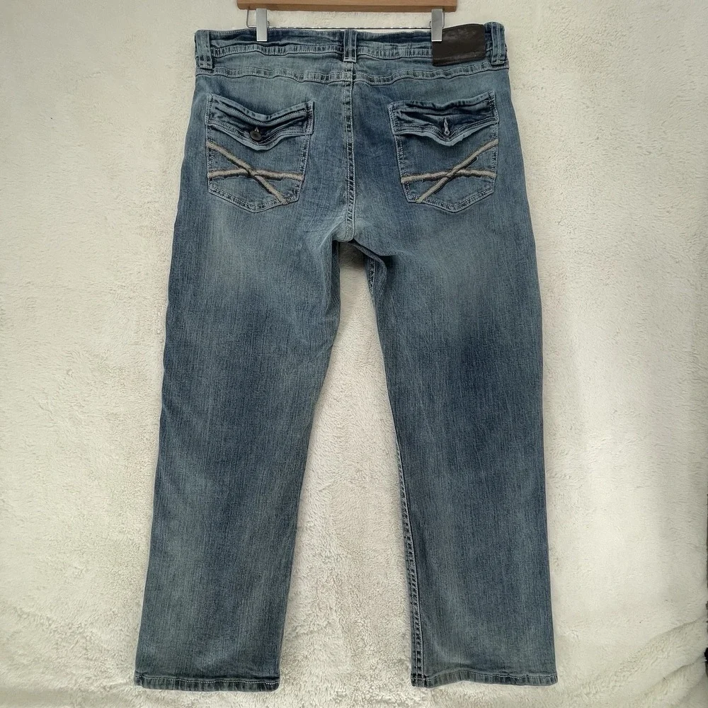 TK Axel Slim Bootcut Jeans Light Wash Distressed Blue Denim 38x32 Mens